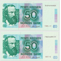 -7- Lott 2 stk. 50 kroner 1986-VI & 1987-VI, VK - 1986-VI, kv. 1+
1987-VI, kv. 0
Signatur: Sk�nland/Sag�rd / Numisma Mynthandel A/S: kr.  1,-