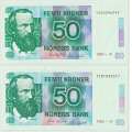 -8- Lott 2 stk. 50 kroner 1984-VI & 1985-VI, kv. 0 - 1984-VI, 
Signatur: Getz Wold/Sag�rd
1985-VI, 
Signatur: Sk�nland/Sag�rd / Numisma Mynthandel A/S: kr.  1,-
