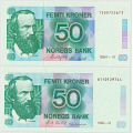 -9- Lott 2 stk. 50 kroner 1984-VI & 1990-VI, 0 og 01. - 1984-VI, 
Signatur: Getz Wold/Sag�rd
1990-VI, 
Signatur: Sk�nland/Johansen / Numisma Mynthandel A/S: kr.  89,-