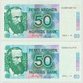 -10- Lott 2 stk. 50 kroner 1984-VI, 0/01 - 1984-VI, 
Signatur: Getz Wold/Sag�rd / Numisma Mynthandel A/S: kr.  1,-