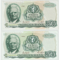 -12- Lott 2 stk. 50 kroner 1981L & -83R, VK - 1981L og 1983R, kv. 1+/01 og 1+/01 miniflekk
Signatur: Getz Wold/Sag�rd / Numisma Mynthandel A/S: kr.  129,-