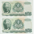 -13- Lott 2 stk. 50 kroner 1975G & -83R, VK - 1975G, kv. 1+
Signatur: Getz Wold/�degaard
1983R, kv. 01
Signatur: Getz Wold/Sag�rd / Numisma Mynthandel A/S: kr.  1,-