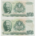 -14- Lott 2 stk. 50 kroner 1975G, VK - 1975G, kv. 1-, grafitti & 1-
Signatur: Getz Wold/�degaard / Numisma Mynthandel A/S: kr.  2,-