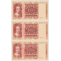 -1- Lott 3 stk. 100 kroner 1991-VI, kv. 1+/01-01 - Signatur: Sk�nland/Johansen / Numisma Mynthandel A/S: kr.  2,-