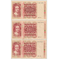 -2- Lott 3 stk. 100 kroner 1987-VI, kv. 1 til 1/1- - Signatur: Sk�nland/Sag�rd. By etter bilder. / Numisma Mynthandel A/S: kr.  1,-