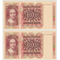 -6- Lott 2 stk. 100 kroner 1977AB, i rekkef�lge, kv. 1+/01 - I nummerrekkef�lge AB0388448-449.
Signatur: Getz Wold/Sag�rd / Numisma Mynthandel A/S: kr.  210,-