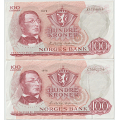 -10- Lott 2 stk. 100 kroner 1975� & -76C,  kv. 1 & 1/1- - 1975�, kv. 1
Signatur: Getz Wold/�degaard
1976C, kv. 1/1-
Signatur: Getz Wold/�degaard / Numisma Mynthandel A/S: kr.  212,-