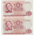 -11- Lott 2 stk. 100 kr 1973W & -75�,  kv. 1/1+ & 1- - 1973W, 
Signatur: Getz Wold/�degaard
1975�, 
Signatur: Getz Wold/�degaard / Numisma Mynthandel A/S: kr.  210,-
