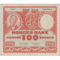 -18- 100 kr 1957F,  kv. 1/1-, bretthull, liten rift nede - Signatur: Brofoss/Thorp / Numisma Mynthandel A/S: kr.  158,-