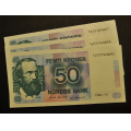 50 kr. 1990 * Kv .0 * Nr. rekkef�lge. Katv. kr. 210 - Bilder er sedlene. Kv. 0 *  Vurder ogs� fra bilder.IKKE SAL�R. / Tore Rimstad: NOK  160,-