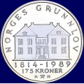 -25- 175 kroner 1989, Norges grunnlov, kv. speilglans - Kommer i et tre-skrin fra SH, med ekthetssertifikat. 26,5 gr. .925 fint s�lv. Illustrasjonsbilder. / Numisma Mynthandel A/S: kr.  2,-