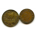 -10- Lot. 2 stk Tysk �st-Afrika, VK - 20 Heller 1916, kv. 1- (VG)
Type BB, https://en.numista.com/37340
1 Pesa 1890 (1307), kv. 1+ (XF)
https://en.numista.com/11909 / Numisma Mynthandel A/S: kr.  100,-