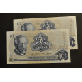 10 kr. 1982 C V. Kv. kv. 0/0- * Katv. kr. 120 - Bilder er sedlene. Usirkulerte. Vurder ogs� fra bilder. Pris KJ�P N� er begge sedlene. IKKE SAL�R. / Tore Rimstad: NOK  60,-