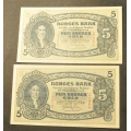 5 kr. 1941 T * Kv. 01+ Katv. kr. 1050 * Nr. rekkef�lge - Bilder er sedlene. Pene i kv. 01. Vurder ogs� fra bilder. Pris KJ�P N� er en (1) sedell. Ved kj�p a flere er de i nr. rekkef�lge. Du velger antall. IKKE SAL�R.
Bare 1 igjen T3382166 (n�r 0/01). Den andre er solgt. / Tore Rimstad: NOK  650,-