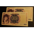 1000 kr. 1990 *Usirk.  Kv. 01  * Katv. kr. 1800 ** - Bilder er sedlene. Kv.01.* Pris KJ�P N� er en (1) sedell. Ved kj�p av flere er de i nr. rekkef�lge. Du velger antall. IKKE SAL�R.Kun 1 igjen . Den andre er solgt. / Tore Rimstad: kr.  1200,-