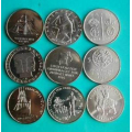Alle 5 kr. minnemynter * Kv. 0 *9 stk* - ALLE 5 KR. MINNEMYNTER. 9 STK. tas direkte fra org. ruller. meget gunstig kj�p.IKKE SAL�R. / Tore Rimstad: kr.  220,-