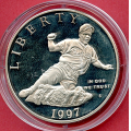 -5- Usa 1$ minnemynt (5), 1997, Proof, litt toning. - 26,73 gram 0,900 s�lv. S�lvverdi pr 22. august er 495 kr. / Numisma Mynthandel A/S: kr.  1,-