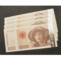 100 kr. 2004 Usirkulert Nr. rekkef�lge. Katv. kr.170 - Bilder er sedlene.  Antydning til litt ubetydelig b�lgete. Vurder ogs� fra bilder.IKKE SAL�R. / Tore Rimstad: kr.  140,-
