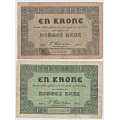 -6- Lott 2 stk. 1 kroner 1917, VK - Kvalitet 1-, brettehull og 1-/2. By etter bildet.
Signatur Cederholm:
1917 & 1917F / Numisma Mynthandel A/S: kr.  105,-