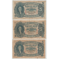 -10- Lott 3 stk. 5 kroner 1939-1942, VK - Kvalitet ca 1-. By etter bilder.
Signatur Meldahl Nielsen:
1939R, 1941T og 1942U (Rift ca. 1 cm oppe, + rift nede). / Numisma Mynthandel A/S: kr.  60,-