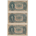 -11- Lott 3 stk. 5 kroner 1939-1944, VK - Kvalitet ca 1/1- til 1-. By etter bildet.
Signatur Meldahl Nielsen:
1939R, 1942U og 1944V. / Numisma Mynthandel A/S: kr.  54,-