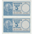 -13- Lott 2 stk. 5 kroner 1962J, kv. 1+/01 - Signatur Brofoss/Ottesen: / Numisma Mynthandel A/S: kr.  95,-