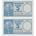 -14- Lott 2 stk. 5 kroner 1962J, kv. 1+/01 - Signatur Brofoss/Ottesen: / Numisma Mynthandel A/S: kr.  140,-