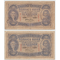-16- Lott 2 stk. 10 kroner 1940 & 1943, VK - Kvalitet 1- til 1-/2, rifter og hull p� begge sedlene. By etter bildet.
Signatur Meldahl Nielsen: / Numisma Mynthandel A/S: kr.  24,-