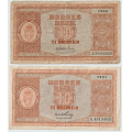 -17- Lott 2 stk. 10 kroner 1945 & 1951, VK - Kvalitet hhv. 1-, stor rift og brette- og n�lehull og  kv. 1. By etter bildet.
Signatur Meldahl Nielsen:
1945A
Signatur Thorp:
1951S / Numisma Mynthandel A/S: kr.  158,-
