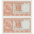 -18- Lott 2 stk. 10 kroner 1967 & 1970, VK - Signatur Brofoss/Ottesen:
1967K, kv. 1, midtbrett
Signatur Brofoss/�degaard:
1970�, kv. 1+/01 / Numisma Mynthandel A/S: kr.  150,-