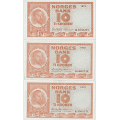 -19- Lott 3 stk. 10 kroner 1972 H(2), (K), VK - Kvalitet 1+ eller bedre. D�rligst er 1972K. By etter bildet.
Signatur Wold/�degaard / Numisma Mynthandel A/S: kr.  35,-