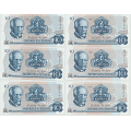 -30- Lott 6 stk 10 kroner 1983CW & CX, nummerrekkef, VK - Kvalitet mest  01.By etter bilder.
Signatur Wold/Sag�rd:
Noen i nummerrekkef�lge CW2059291-293 & CX3718481-483. / Numisma Mynthandel A/S: kr.  65,-
