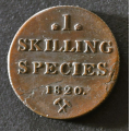 1 Skilling 1820 * Kv. 01 * Katv. kr. 1800 - Bilder er mynten du f�r. Som vanlig har disse myntene som er preget p� Kongsberg blankett sprekker m m. Vurder og by fra bilder. / Tore Rimstad: NOK  180,-