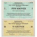 -1- Lott 2 stk. SNSK, 5- & 10 kroner, VK - 5 kroner 1973 Qq, kv.1/1-
10 kroner 1976 Rr, kv. 1- / Numisma Mynthandel A/S: kr.  82,-