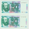 -22- 50 kroner 1985-VI & -90-VI, kv. 1+/01 - Signatur: Sk�nland/Sag�rd:
1985-VI
Signatur: Sk�nland/Johansen:
1990-VI / Numisma Mynthandel A/S: kr.  1,-
