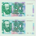 -23- 50 kroner 1984-VI & -85-VI, VK - Signatur: Sag�rd/Wold:
1984-VI, kv. 0/01
Signatur: Sk�nland/Sag�rd:
1985-VI, kv. 0/01 / Numisma Mynthandel A/S: kr.  1,-