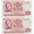 -37- Lott 2 stk. 100 kr 1974 Y, i nummerrekkef, kv. 1+ - Signatur: Wold/�degaard
I nummerrekkef�lge / Numisma Mynthandel A/S: kr.  258,-