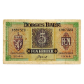 -60- Londonseddel 5 kr 1944 X, kv. 1-, kraftig rift vs. / Numisma Mynthandel A/S: kr.  737,-