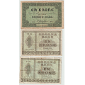 -3- Lott 3 stk. 1 kroner 1917 & 43-45, VK - Signatur, Cederholm:
1917F, kv. 1-/2, rifter oppe. 
Signatur, Meldahl Nielsen:
1943F, kv. 1-, bretterift oppe.
1945I, 1-, sm� bretterifter og brettehull. / Numisma Mynthandel A/S: kr.  1,-