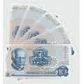 -11- Lott 5 stk. 10 kroner 1984CW, nr. rekkef, kv. 01 - Signatur, Wold, Sag�rd:
Nummerrekkef�lge, CW3417396-400. / Numisma Mynthandel A/S: kr.  1,-