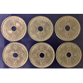 -16- Lott 6 stk. 1 kroner 1939-1951, VK - NM29,30,31,33,34 & 35.
Kvalitet 1+/01 til 01 / Numisma Mynthandel A/S: kr.  1,-