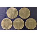 -18- Lott 5 stk. 1 kroner 1951 x3, -55 & -57, VK - NM36,39 & 41.
Kvalitet 1+ og 1+/01 / Numisma Mynthandel A/S: kr.  1,-